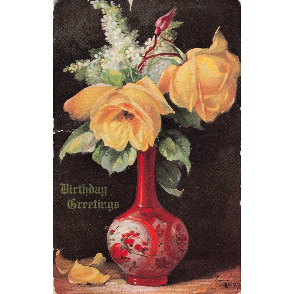 Vtg Postcard Mary Golay Birthday Greetings Yellow Roses Red Vase Salem OH 1909